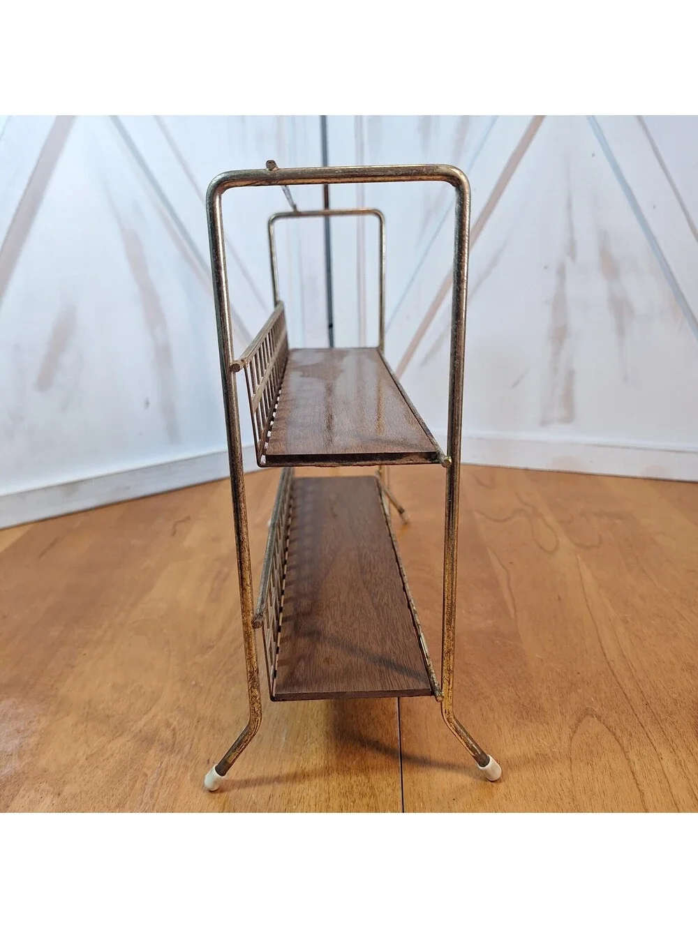 Mid Century 2 Tier Footed Spice Rack Organizer Goldtone Metal 9.5